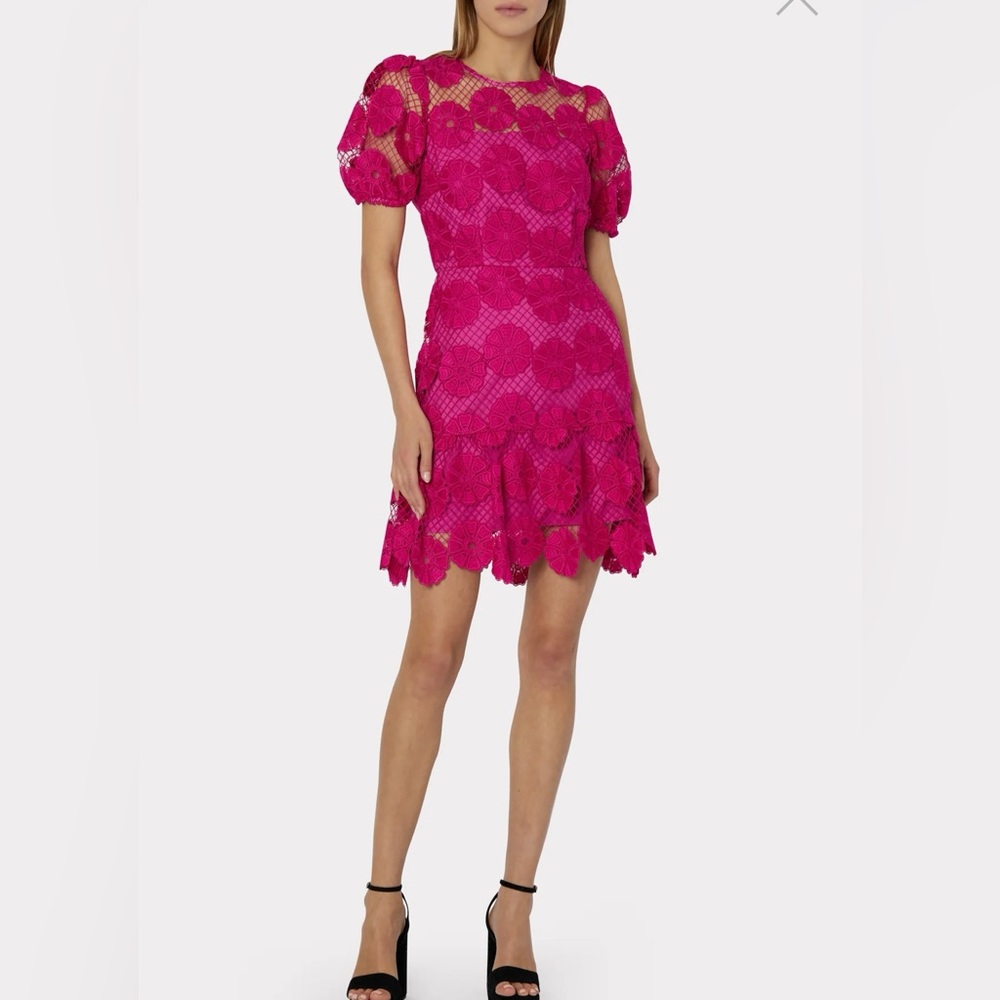 Milly Hot Pink Lace Puff Sleeve Mini Dress